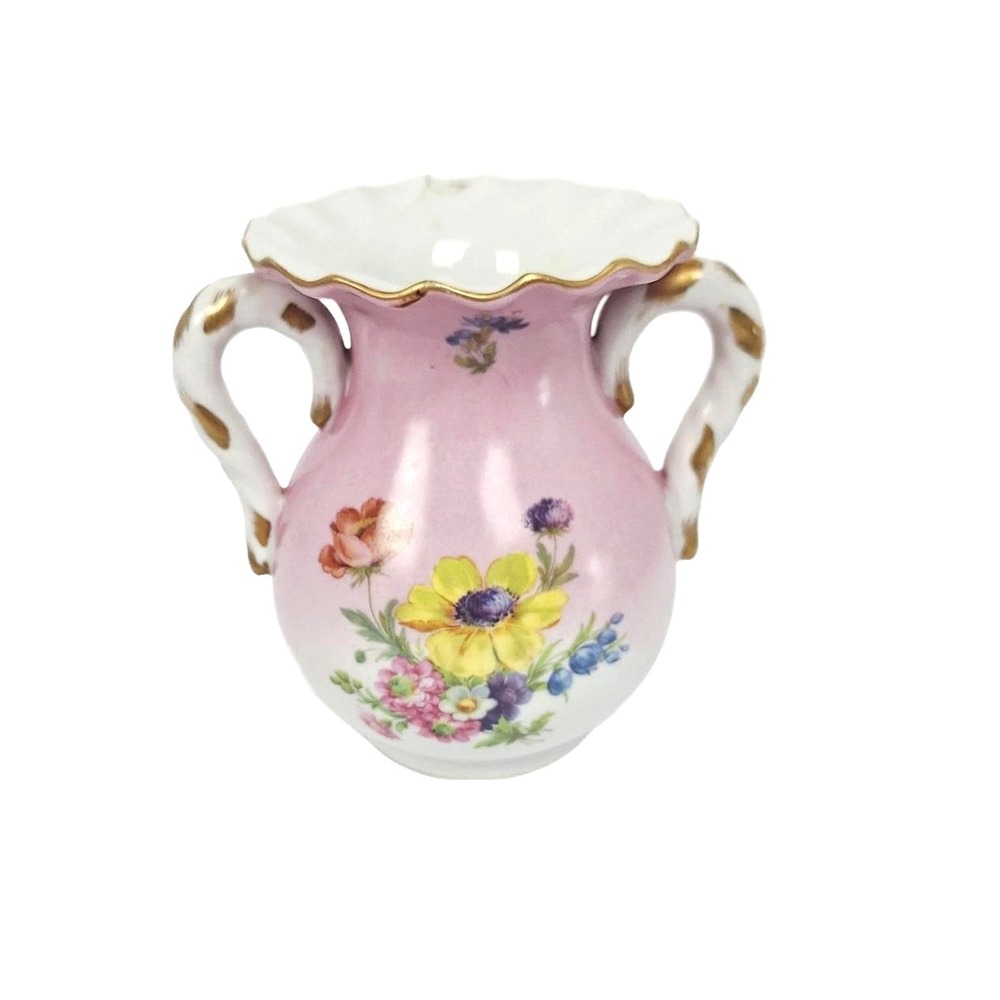 Porcelaine de Versailles Pink Floral Double Handled Vase Gold Trim 5.75in Flaws